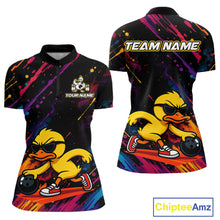Load image into Gallery viewer, Front and back views of a custom short-sleeve polo shirt featuring a yellow cartoon duck wearing sunglasses and bowling shoes on a colorful abstract background. The front has a small custom logo and text area on the left chest, and the back has a large 'TEAM NAME' text across the shoulders.