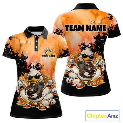 Front and back views of a short-sleeve polo shirt featuring a cartoon duck character in a black hoodie and sunglasses, with a fiery orange and black splattered background. The front has a collar with buttons, a customizable crest logo, and placeholder text.