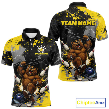 Front and back views of a short-sleeve polo shirt featuring a cartoon bear bowling design in yellow, black, and gray, with customizable text placeholders 'TEAM NAME' and 'YOUR NAME'.
