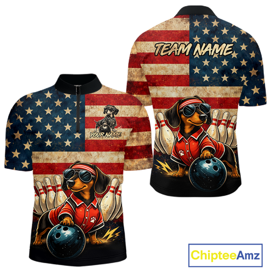 Custom American Flag Retro Dachshund Bowling Shirt Bowling Team Jersey for Men Polo & Quarter-Zip QZT942