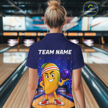 Load image into Gallery viewer, Person wearing a blue shirt with a cartoon character and 'TEAM NAME' text in a bowling alley.