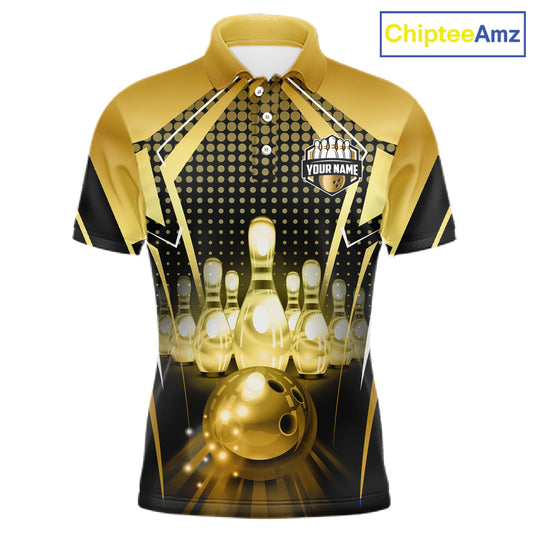 Front view custom black gold bowling polo shirt featuring a glowing bowling ball, illuminated bowling pins and gold geometric light beam pattern, personalized with player name