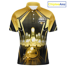 Load image into Gallery viewer, Front view custom black gold bowling polo shirt featuring a glowing bowling ball, illuminated bowling pins and gold geometric light beam pattern, personalized with player name
