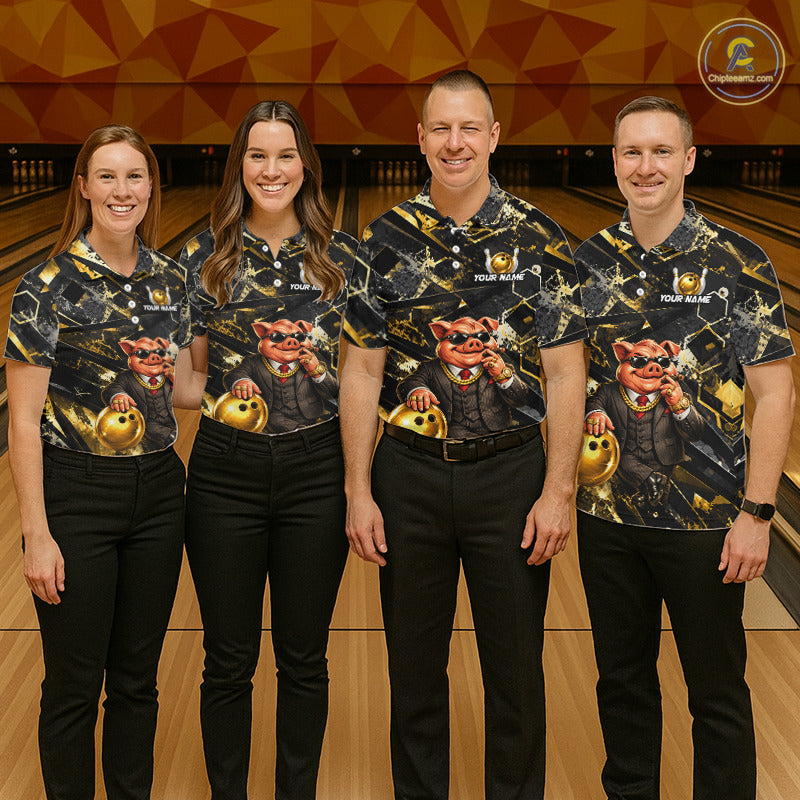 Custom Funny Mafia Pig Bowling Shirt, Black and Gold Bowling League Jersey for Men, Bowling Outfit QZT1203