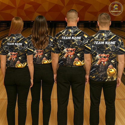 Custom Funny Mafia Pig Bowling Shirt, Black and Gold Bowling League Jersey for Men, Bowling Outfit QZT1203