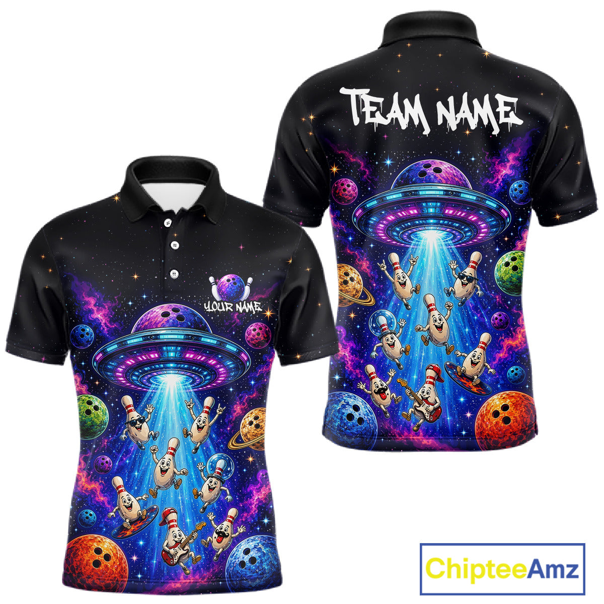 Black polo shirt with colorful alien design and 'Team Name' text on the back, featuring the brand 'Chiptee Amz'.