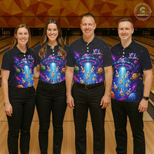 Load image into Gallery viewer, Four people wearing colorful bowling shirts with a bowling alley in the background