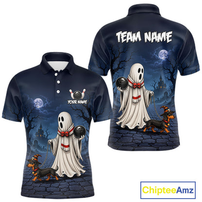 A short-sleeve polo shirt shown from both front and back on a white background. The shirt features a Halloween night scene with a ghost,a dachshund full moon, haunted castle, cobblestone path