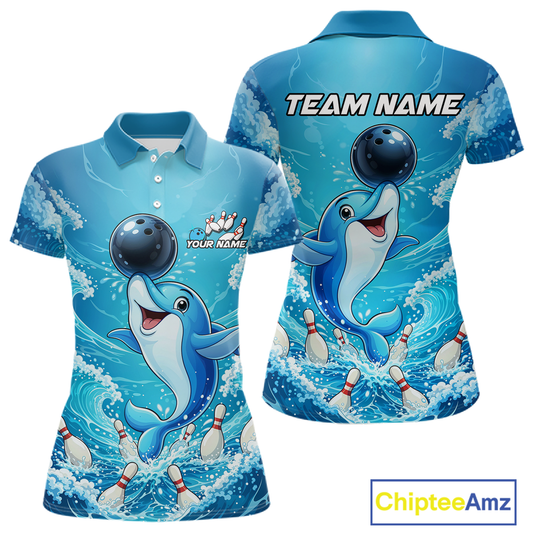 Custom Funny Dolphin Bowling Polo Shirt Blue Ocean Team Jersey Bowling Outfit for Women QZT857