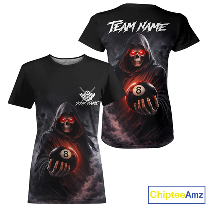 Black t-shirt with a hooded figure holding an 8-ball on the front and back, featuring 'Team Name' text.