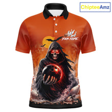 Load image into Gallery viewer, Front view custom orange grim reaper bowling polo shirt featuring a hooded grim reaper holding a glowing bowling ball, fiery smoke effect and sunset background, personalized with player name