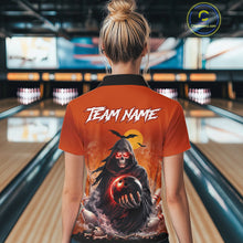 Load image into Gallery viewer, Female model wearing a custom orange grim reaper bowling polo shirt back view displaying the personalized team name above a hooded grim reaper artwork at the bowling alley