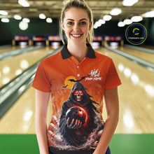 Load image into Gallery viewer, Female model wearing a custom orange grim reaper bowling polo shirt front view featuring a hooded grim reaper, glowing bowling ball, fiery smoke effect and sunset background at the bowling alley
