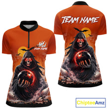 Load image into Gallery viewer, Front and back view custom orange grim reaper bowling quarter-zip shirt featuring a hooded grim reaper holding a glowing bowling ball, fiery smoke effect and sunset background, personalized with team name and player name
