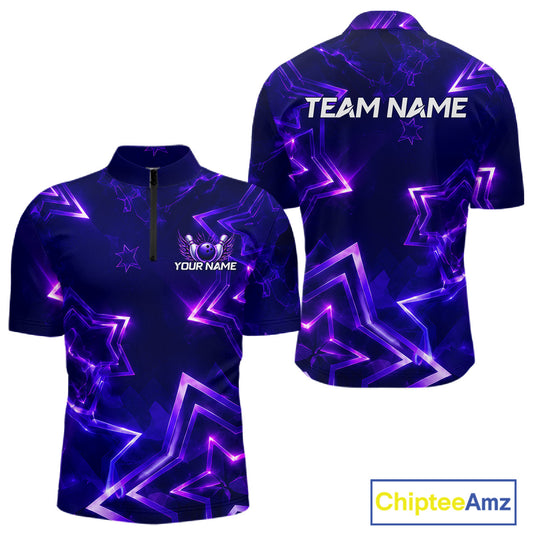 Custom Neon Purple Star Bowling Shirt for Men Bowling Jersey Polo & Quarter-Zip QZT1025