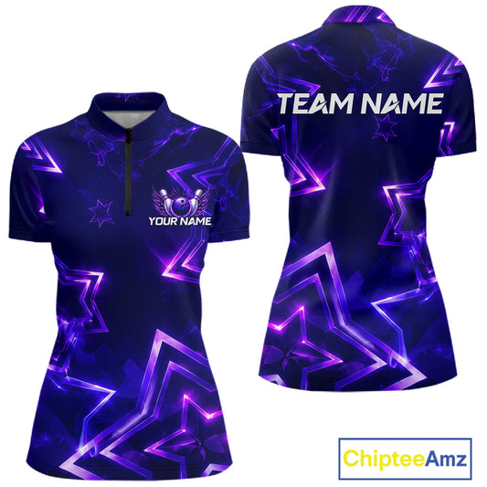 Custom Neon Purple Star Bowling Shirt for Women Bowling Jersey Polo & Quarter-Zip QZT1025