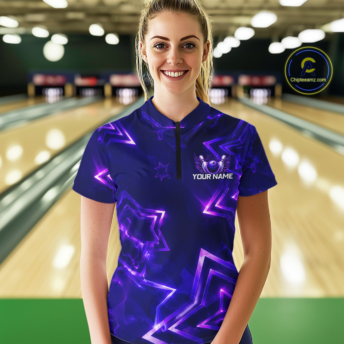 Custom Neon Purple Star Bowling Shirt for Women Bowling Jersey Polo & Quarter-Zip QZT1025