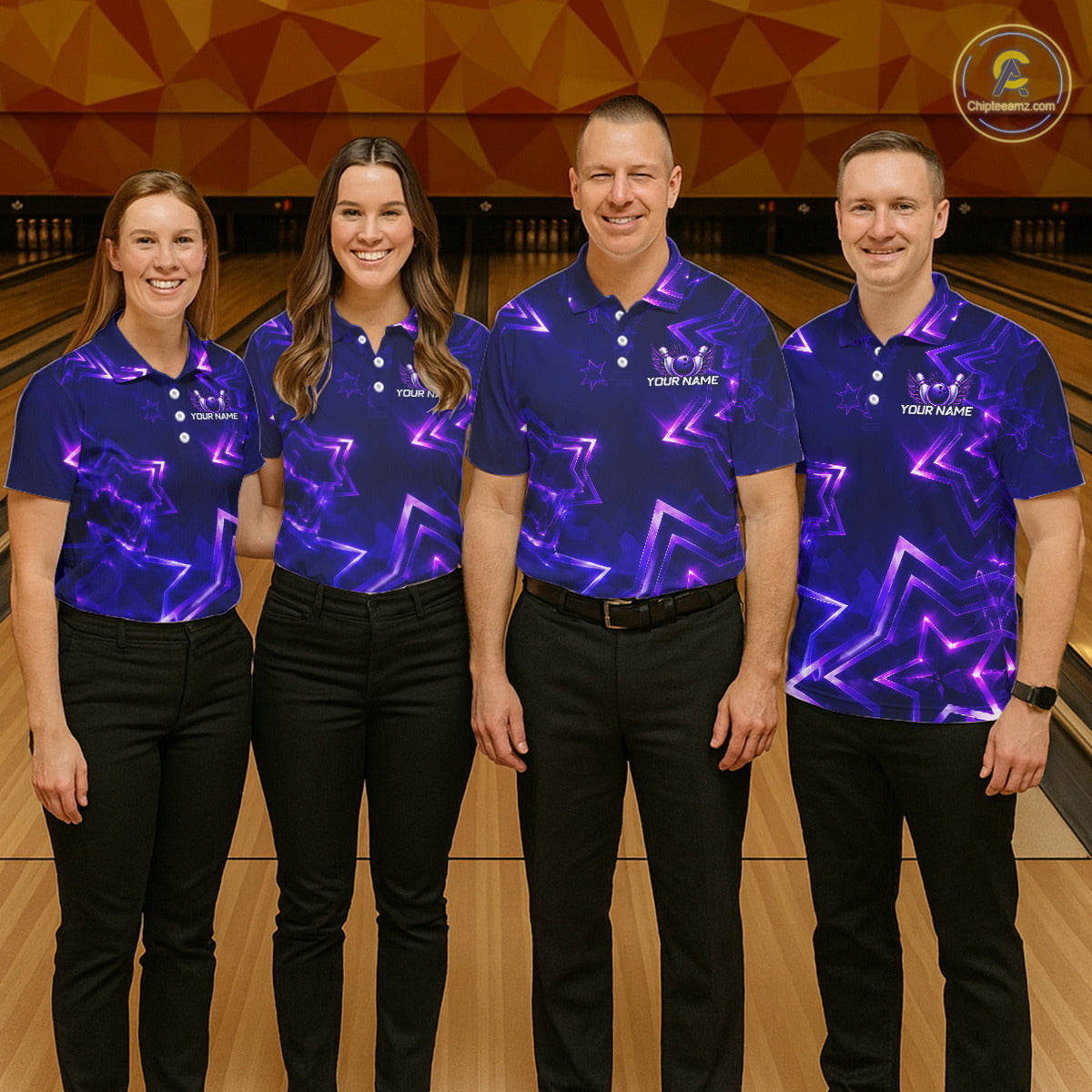 Custom Neon Purple Star Bowling Shirt for Women Bowling Jersey Polo & Quarter-Zip QZT1025