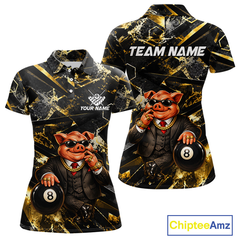 Custom Black & Gold Billiard Shirt Funny Pig 8 Ball Pool Team Jersey for Women Polo & 1/4 Zip BHT108