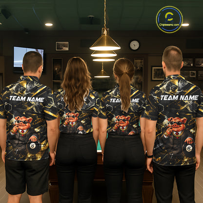 Custom Black & Gold Billiard Shirt Funny Pig 8 Ball Pool Team Jersey for Men Polo & 1/4 Zip BHT108