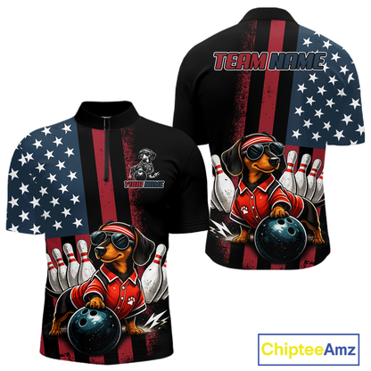 Two views of a shirt with a dachshund bowling design on an American flag background, featuring the brand 'Chiptee Amz'.