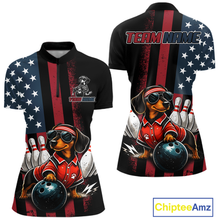 Load image into Gallery viewer, Quarter-zip shirt with dachshund bowling design and American flag pattern, featuring 'Chiptee Amz' branding.