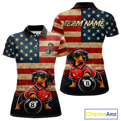 Custom short-sleeve polo shirt shown from the front and back, featuring a distressed American flag background with a cartoon dachshund wearing a red jersey and holding an 8-ball, plus customizable text areas. A ChipteeAmz logo appears in the bottom right corner.