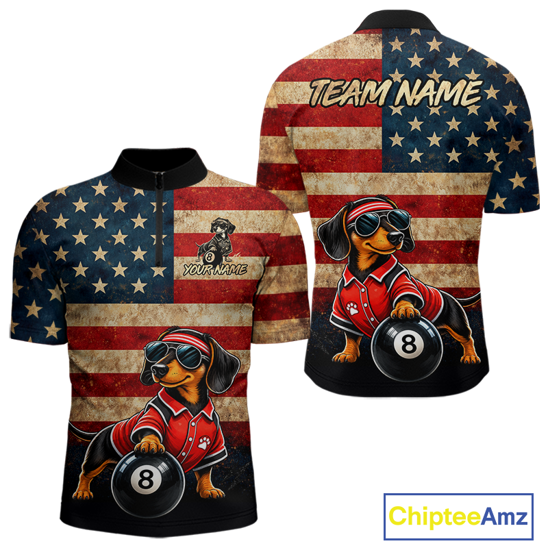 A short-sleeve polo shirt shown from both front and back on a white background. The shirt features a distressed American flag design with a cartoon dachshund wearing a red polo shirt and sunglasses, holding an 8-ball.
