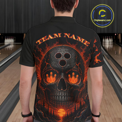 Person wearing a black bowling shirt with a skull and bowl design in a bowling alley.