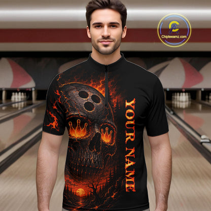Man wearing a black bowling shirt with fiery design and 'Your Name' text in a bowling alley.