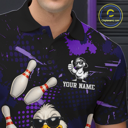 Custom Purple Funny Duck Bowling Shirt for Men Bowling Jersey Polo & 1/4 Zip Bowling Outfit QZT943