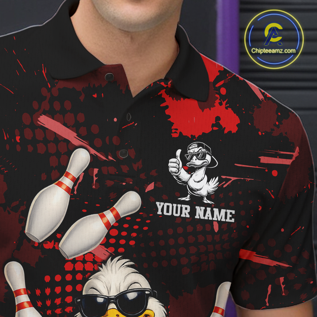 Custom Red Funny Duck Bowling Shirt for Men Bowling Jersey Polo & 1/4 Zip Bowling Outfit QZT943