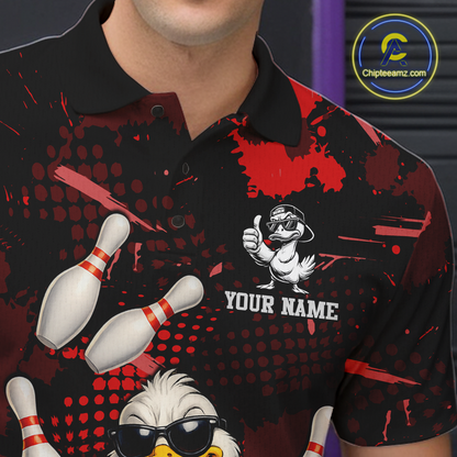 Custom Red Funny Duck Bowling Shirt for Men Bowling Jersey Polo & 1/4 Zip Bowling Outfit QZT943