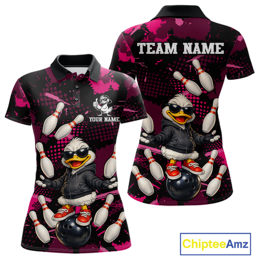 Custom Pink Funny Duck Bowling Shirt for Women Bowling Jersey Polo & 1/4 Zip Bowling Outfit QZT943