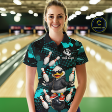 Load image into Gallery viewer, Custom Turquoise Funny Duck Bowling Shirt for Women Bowling Jersey Polo &amp; 1/4 Zip Bowling Outfit QZT943