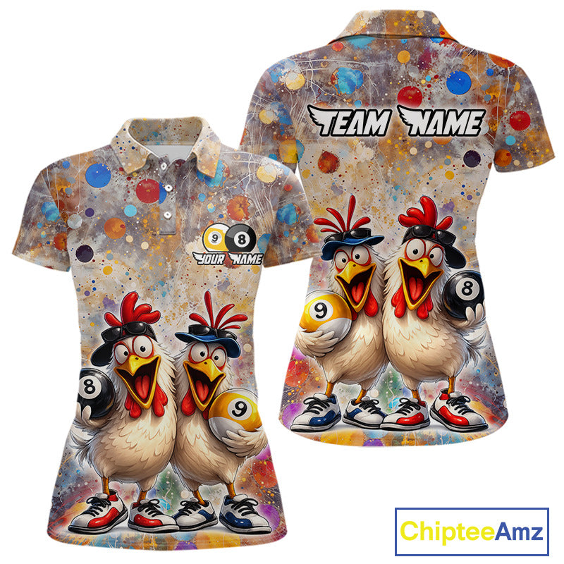 Custom Funny Chicken Billiard Shirt for Women Colorful 8 Ball & 9 Ball Shirt Buddy Billiard Jersey BHT42