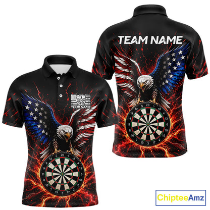 Front and back view of a custom patriotic eagle dart polo shirt featuring a bald eagle, an American flag, and a flaming dartboard, personalized team name and player name.