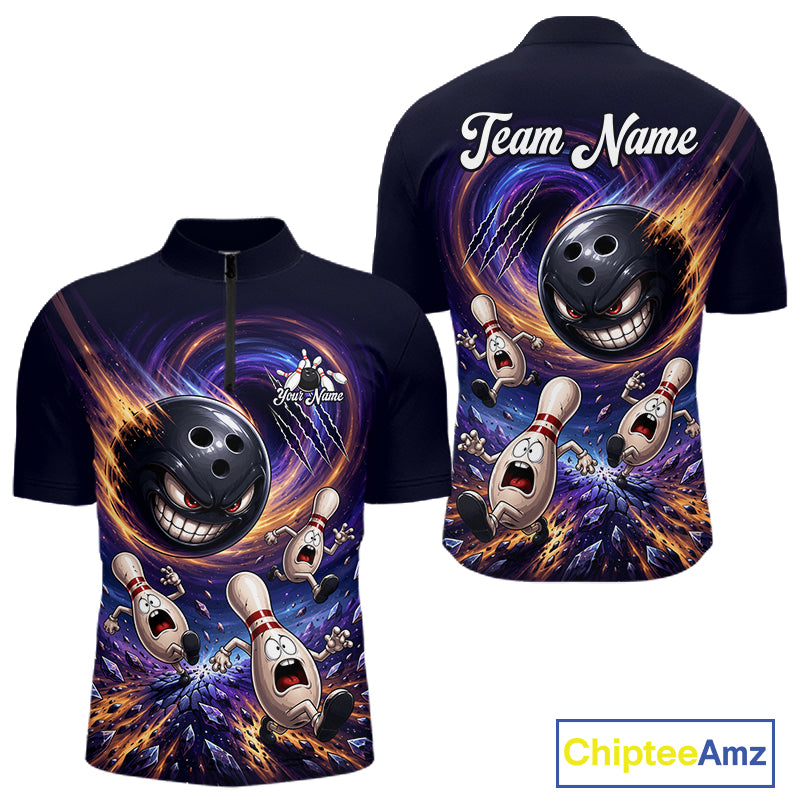 Custom Evil Bowling Ball & Funny Bowling Pins Bowling Shirt for Men Bowling Team Jersey Polo & 1/4 Zip QZT1221