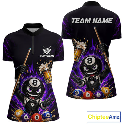 Custom 8 Ball Pool Shirt with Beer and Cue Billiard Team Jersey for Women Billiard Shirt BHT113