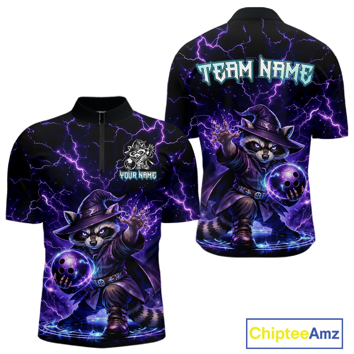 Personalized Raccoon Wizard Bowling Shirt for Men Purple Thunder Lightning Bowling Jersey QZT920
