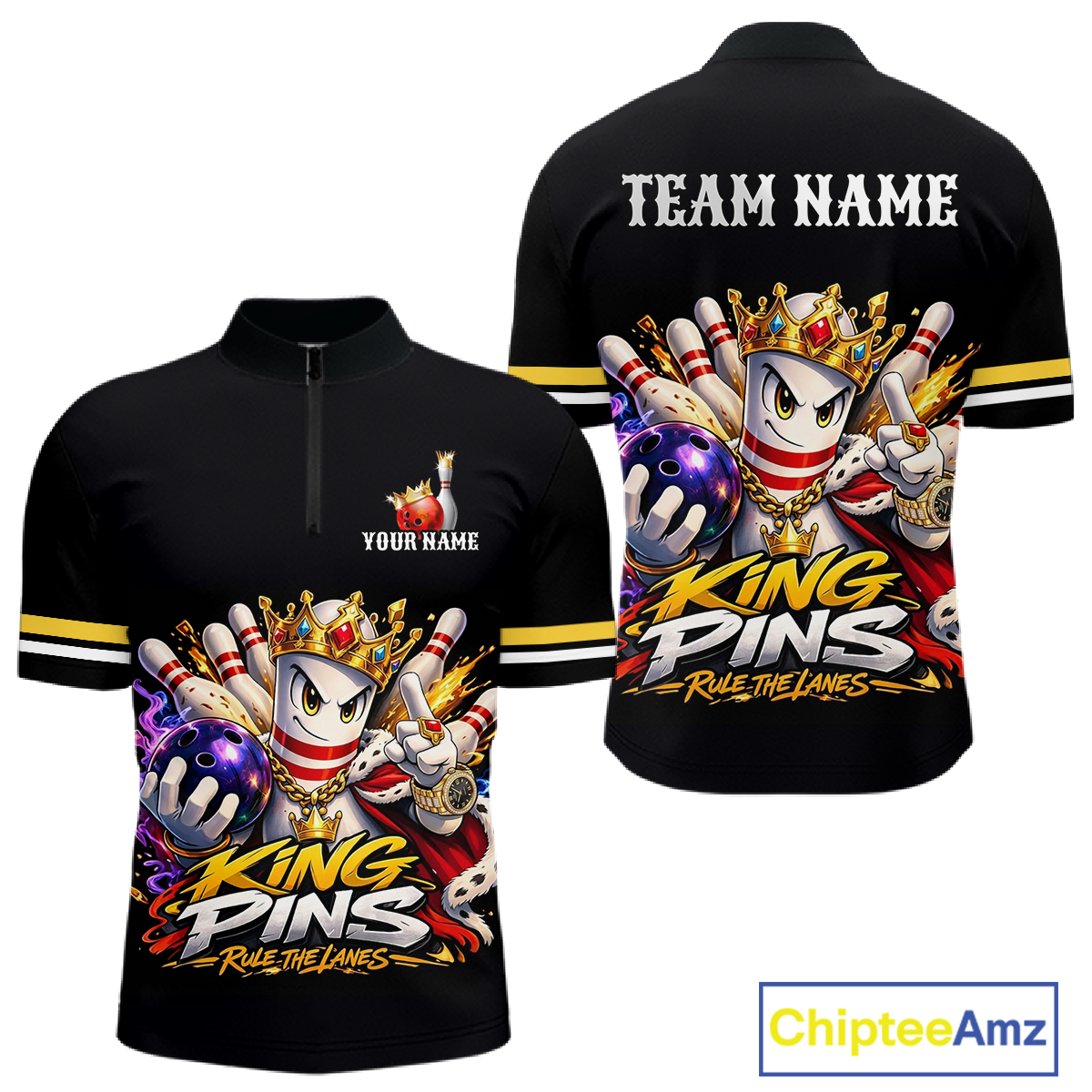Custom King Pins Bowling Shirt for Men Bowling Team Jersey Polo & Quarter-Zip Shirt Bowling Tournament QZT950