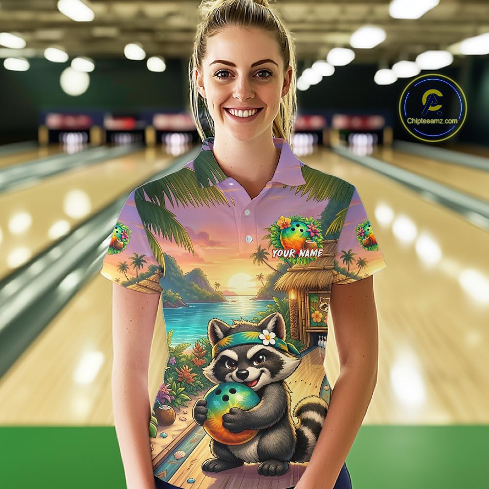 Floral Raccoon Bowling Shirt for Women Custom Bowling Team Jersey Polo & Quarter-Zip QZT993