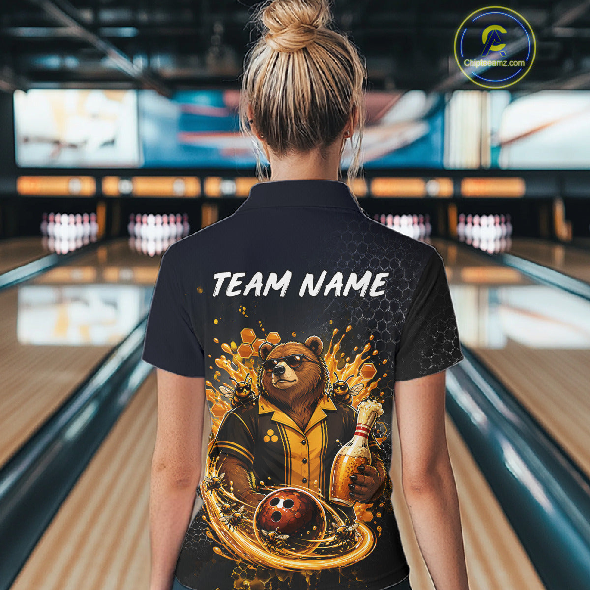 Woman wearing custom black & gold bear bee & beer bowling polo shirt, back view mockup with team name design.