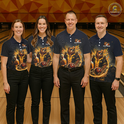 Bowling team wearing custom black & gold bear bee & beer bowling shirts, group front view mockup, personalized team jerseys.