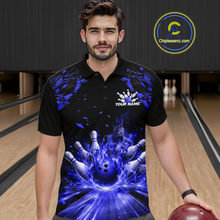 Load image into Gallery viewer, Custom Blue Flame Bowling Team Shirt for Men Polo &amp; 1/4-Zip Bowling Jersey Bowling League Uniform QZT866