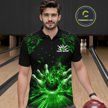 Load image into Gallery viewer, Custom Green Flame Bowling Team Shirt for Men Polo &amp; 1/4-Zip Bowling Jersey Bowling League Uniform QZT866