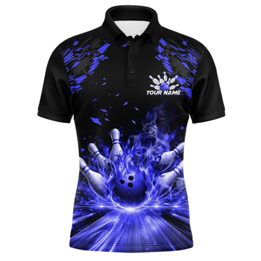 Custom Blue Flame Bowling Team Shirt for Men Polo & 1/4-Zip Bowling Jersey Bowling League Uniform QZT866