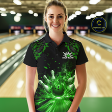 Load image into Gallery viewer, Custom Green Flame Bowling Team Shirt for Women Polo &amp; 1/4-Zip Bowling Jersey Bowling League Uniform QZT866