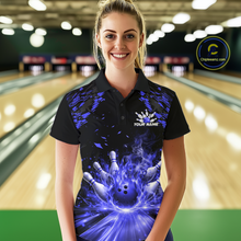 Load image into Gallery viewer, Custom Blue Flame Bowling Team Shirt for Women Polo &amp; 1/4-Zip Bowling Jersey Bowling League Uniform QZT866