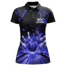 Load image into Gallery viewer, Custom Blue Flame Bowling Team Shirt for Women Polo &amp; 1/4-Zip Bowling Jersey Bowling League Uniform QZT866